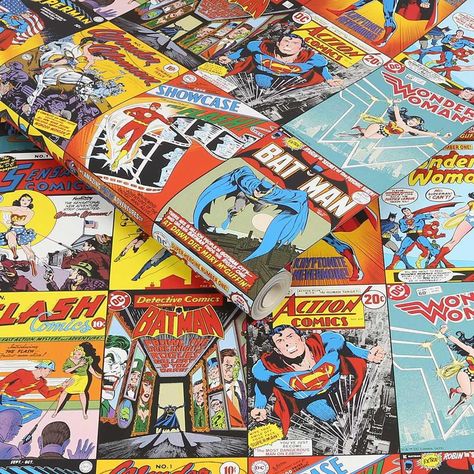 DC Comics Collection Wallpaper Multi | Wilko Comic Book Nursery, Retro Mural, Comic Book Wall, Vintage Comic Book Covers, Dc Comics Collection, Superhero Bedroom, Retro Comic Book, Bat Man, Fun Wallpaper