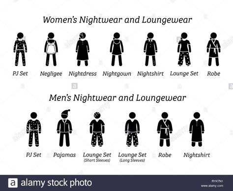 Men and women nightwear and loungewear fashion designs. Stick figures depict different type of sleepwear, pajamas, and clothing that wear at home or h Stock Vector Nightgown Outfit, Women Nightwear Outfit, Sleep Outfit, Pijamas Women, Mens Nightwear, Night Pajama, Loungewear Fashion, Sleep Clothes, Fashion Vocabulary