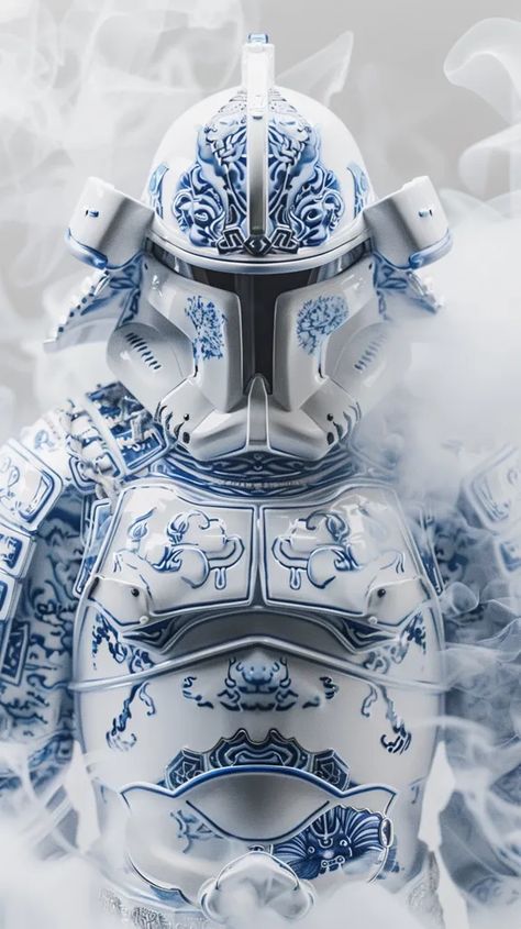 The image is a photograph of a samurai helmet and armor with a stormtrooper helmet. The helmet and armor are made of white ceramic with blue and gray floral designs ->> more details in ai-img-gen.com White Samurai, Foggy Background, Darth Vader Art, Bike Suit, Star Wars Helmet, Stormtrooper Helmet, Mandalorian Helmet, Warrior Concept Art, Samurai Helmet