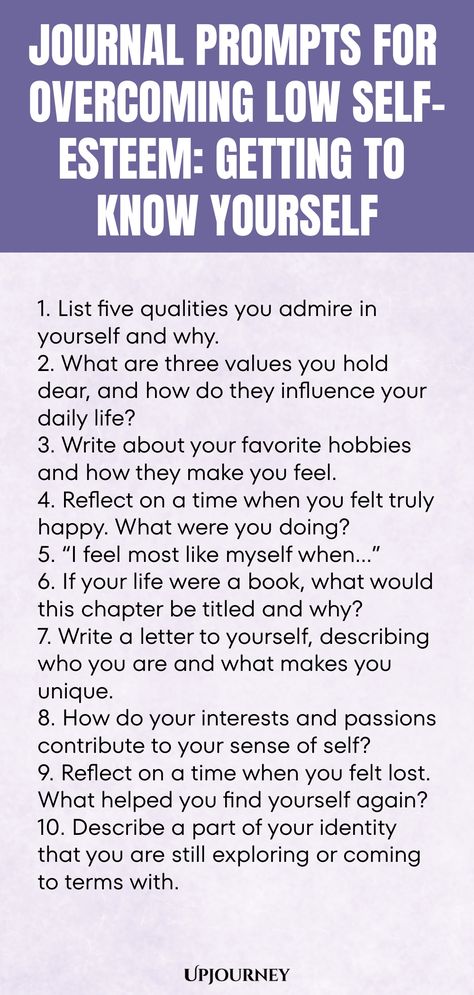 Explore a collection of thoughtful journal prompts to help you on your journey of overcoming low self-esteem and getting to know yourself better. These prompts are designed to encourage self-reflection, boost self-awareness, and promote self-acceptance. Use them as a tool for personal growth and building inner confidence. Start your journaling practice today and discover the empowering impact it can have on your self-esteem journey. Activities To Get To Know Yourself, Self Esteem Discussion Questions, How To Help Self Esteem, Funny Journal Prompts Hilarious, How To Get To Know Myself, Journal Prompts For Self Esteem, How To Boost Self Esteem, Self Help Journal Prompts, Shame Journal Prompts