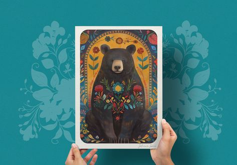 Traditional Folk Art Print "Bear Bloom", Scandi Print, Bear Art Print, Nursery Wall Art Bear, Bear Wall Art, Folk Art Bear Print, Mama Bear Folk Art Bear, Traditional Folk Art, Bear Wall Art, Scandinavian Folk Art, Bear Art, Gifts For Art Lovers, Cozy Nook, Bear Print, Intricate Patterns