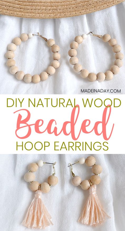 How to Make Your Own Wood Beaded Hoop Earrings, wood bead hoops, natural wood jewelry, DIY jewelry, tassel earrings, hoop tassel earrings, brown wood bead hoop earrings, boho beaded earrings, #handmade #wood #earrings #tassel #jewelry #crafts #fashion #beads #handmadejewelry #jewelrydesign #summerfashion #jewelrylovers #style Wood Jewelry Diy, Jewelry Storage Diy, Bamboo Hoop Earrings, Bead Bar, Jewerly Making, Bamboo Earrings, Earrings Hoops, Beginner Sewing Projects Easy, Bar Stud Earrings