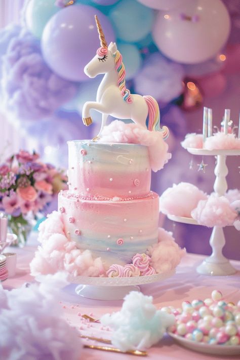 cute Unicorn birthday cake pink and blue Unicorn 6 Birthday Party, Unicorn Cake Table Decor, Princess Theme Birthday Party Cake, Pastel Rainbow Unicorn Birthday Party, Unicorn Princess Party, On Cloud 9 Birthday Cake, White Unicorn Cake, Cloud 9 Birthday Cake, 2nd Birthday Cake Ideas