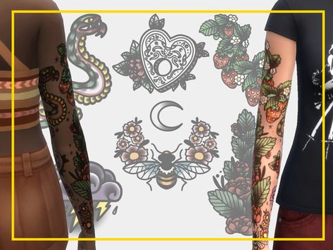 Sims 4 Traditional Tattoo Cc, Sims 4 Shoulder Tattoo, Full Tattoo Sleeve, Ts4 Tattoos, Ts4 Skin, Thigh Tattoo Quotes, Traditional Tattoo Woman, Pagan Tattoo, Sims Download