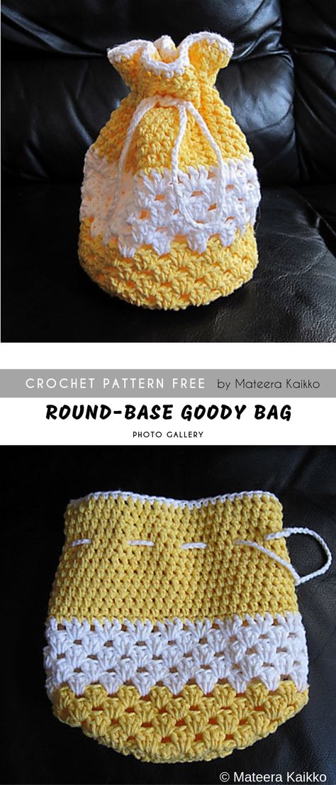 Round-base Goody Crochet Bag FREE | Pattern Center Crochet Hoodies, Crocheted Purses, Crochet Drawstring Bag, Crochet Shell Stitch, Amazing Crochet, Crochet Bag Pattern Free, Bag Pattern Free, Pola Amigurumi, Goody Bags