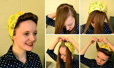 Working Woman Series: 1940s Scarf Hair Tutorials 1940 Hair, 1940s Scarf, Psychobilly Hair, Hair Scarf Tutorial, Head Scarf Tutorial, Retro Updo, 40s Hairstyles, Vintage Hairstyles Tutorial, 50s Hairstyles