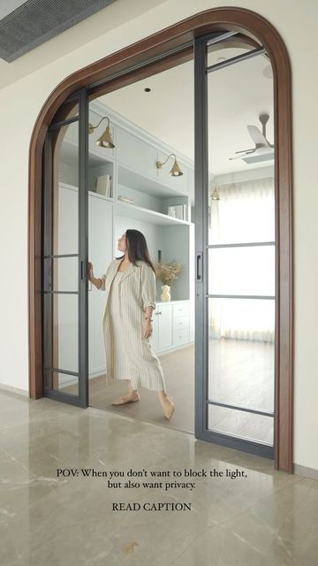 Arch Detail Interior, Door Design Sliding, Pocket Sliding Door Design, Wood And Glass Interior Doors, Arched Glass Pocket Doors, Pocket Glass Sliding Doors, Solid Pocket Doors, Sliding Door In Living Room, Arched Sliding Doors Interior