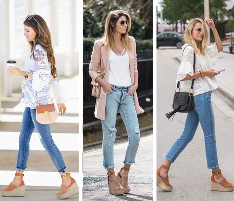 Espadrille Wedge Outfit, Espadrille Wedges Outfit, Wedges With Jeans, Alpargatas Outfit, Brown Wedges Outfit, Espadrilles Outfits, Wedges Shoes Outfit, Wedge Outfit, Wedge Sandals Outfit