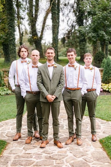 terracotta and sage green Groomsmen Attire @BlossomBlissFloristPA Rustic Fall Wedding Groomsmen, Bowtie Wedding Groomsmen, Sage Suits Wedding, Terracotta And Green Groomsmen, Groom And Groomsmen Fall Wedding, Sage And Tan Groomsmen, August Groomsmen Attire, Rust And Sage Groomsmen, Green Pants Groomsmen