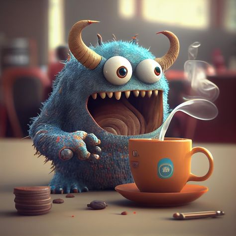 Coffee Monster, Mash Characters, Silly Monsters, Blue Monster, Cartoon Monsters, Monster Mash, A Cup Of Coffee, Monster Art, Little Monsters