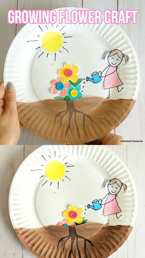 If you have toddlers or preschoolers who are learning all about how flowers and plants grow this spring, this paper plate growing flower craft is a perfect compliment to add to your preschool learning unit. Preschoolers and toddlers will love having the interactive experience of seeing their flowers grow right out of the soil up towards the sunshine. #springcrafts #preschoolcrafts #iheartcraftythings Plate Crafts For Kids, Paper Plate Crafts For Kids, Kraf Kertas, Flowers Growing, Flowers Craft, Spring Crafts For Kids, Paper Plate Crafts, Plate Crafts, Crafts For Kids To Make