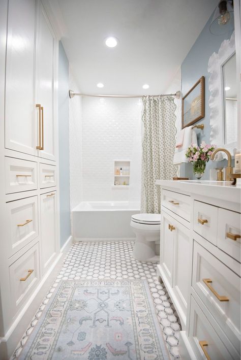 Bathroom With Blue Bathtub, White Gold Blue Bathroom, Bathroom Remodel With Bathtub, Gold And Blue Bathroom, Blue Accent Bathroom, Primary Bathroom Tile, Blue And Gold Bathroom, Dreamy Bathrooms, Tiles Hexagon