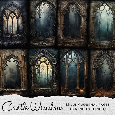 Gothic  Window Castle  Junk Journal Page, Gothic Window, Dark Window, Mystic Window Digital Papers Scrapbook Printable Digital Download Dark Window, Gothic Window, Scrapbook Printable, Dark Horror, Dark Windows, Gothic Windows, Old Windows, Dark Gothic, Journal Page