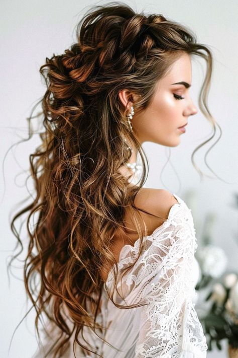 One boho wedding hairstyle could be perfect for your special day. I love this for boho style. Pin it to your boho wedding inspiration. Beach Wedding Long Hair, Bridal Hair For Long Face, Woodsy Wedding Hairstyles, Long Wedding Hair Braid, Boho Witchy Wedding Ideas, Woodland Wedding Hairstyles, Curly Wedding Hair With Flowers, Wedding Hair Winter, Winter Bridal Hairstyles