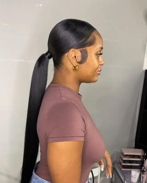 Long Low Ponytail Hairstyles For Black Women, Slim Back Ponytail, Low Ponytail Wigs Black Women, Low Extended Ponytail Weave Middle Part, Low Long Ponytail Black Women, Black Women Long Ponytail Hairstyles, Center Part Ponytail Black Women, Sleek Low Bun Black Women Middle Part, Black Wedding Ponytail Hairstyles