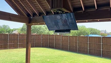 Tv Under Gazebo, Screened In Porch Tv Ideas, Tv Mount Outside Patio, Covered Patio Tv Ideas, Outdoor Tv Ceiling Mount, Tv On Back Porch, Back Porch Tv Ideas, Outdoor Tv Mounting Ideas, Patio Tv Ideas