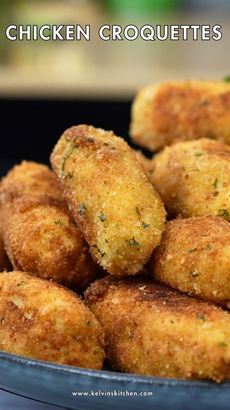 Welcome to Kelvin's Kitchen! Today, we're whipping up the ultimate homemade chicken croquettes that are crispy on the outside and creamy on the inside. Follow along as we take you step-by-step through this delicious recipe, perfect for any occasion.                  #croquettes #chickenrecipe #appetizerrecipe #easydinner #comfortfood #partyfood #fingerfood #kidfriendly #familydinner Ground Chicken Croquettes, Curry Chicken Appetizers, Dutch Kroketten Recipe, Chicken Croquettes Recipe Easy, Air Fryer Chicken Croquettes, Chicken Croquettes Recipe Air Fryer, Chicken Balls Recipe Easy, Chicken Croquettes Easy, Croquette Appetizer