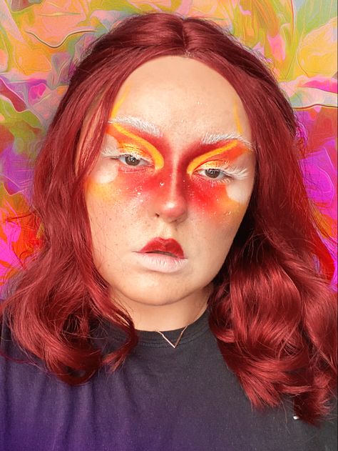 Red Alien Makeup, Orange Make Up Looks Creative, Fire Inspired Eye Makeup, Red Fantasy Makeup, Fire Fairy Makeup, Orange Fairy Makeup, Orange And Gold Makeup, Red And Orange Makeup, Red Fairy Makeup