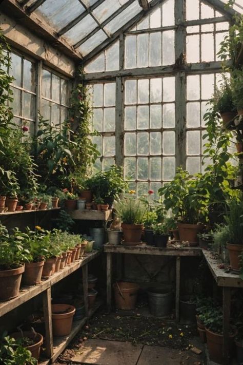 Greenhouse Dark Academia, Garden Greenhouse Aesthetic, Vintage Greenhouse Aesthetic, Greenhouse Astethic, Greenhouses Aesthetic, Herbal Greenhouse, Greenhouse Inside Ideas, Witch Greenhouse, Rainy Greenhouse