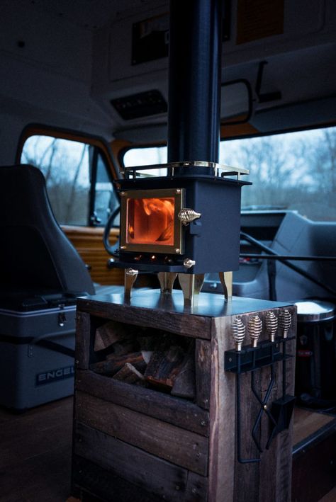 How to Easily Install a Wood Stove in a Camper Van - Outbound Living Camper Stove, Cubic Mini Wood Stove, Mini Wood Stove, Tiny Wood Stove, Converted Bus, T3 Vw, Cargo Trailer Camper, Van Ideas, Van Life Diy