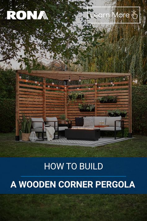 Triangle Pergola, Corner Garden Seating, Corner Gazebo, Corner Landscaping, Corner Pergola, Small Garden Landscape, Privacy Landscaping, Backyard Plan, Small Patio Garden