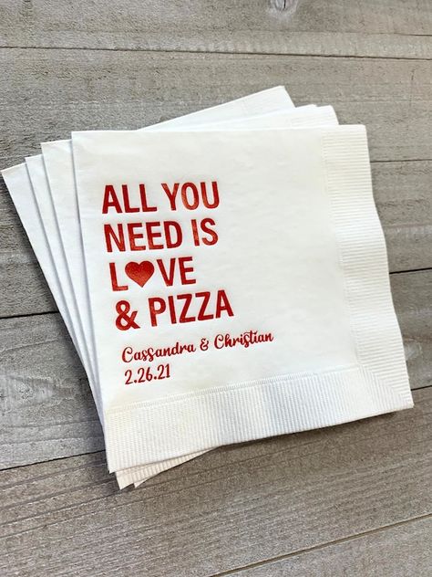 Personalized 3 Ply Wedding Napkins All You Need is Love and | Etsy Pizza Party Rehearsal Dinner, Rehearsal Dinner Food, Themed Rehearsal Dinner, Rehearsal Dinner Napkins, Rehearsal Dinner Themes, Pizza Wedding, Rehearsal Dinner Planning, Night Before Wedding, Creative Napkins