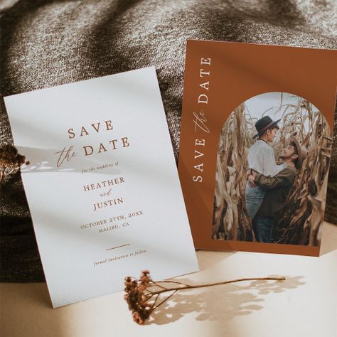 $2.97 | Terracotta Rust Burnt Orange Photo Save the Dates #calligraphy wedding, modern save the date, wedding save the date, save the date card, photo save the date, save the date photo, terracotta save the date, earthy, rust save the date, arch save the date Save The Date Boho, Safe The Date, Minimal Save The Date, Minimal Layout, Orange Photo, Wedding Announcement Cards, Modern Save The Dates, Modern Minimalist Wedding, Save The Date Photos