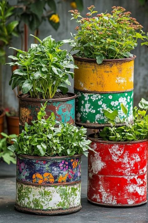 Transform old containers into stylish upcycled planters for an eco-friendly home garden. #UpcycledPlanters #EcoDecor #DIYGarden Upcycling Tin Cans Ideas, Recycled Tin Cans Garden, Upcycle 2 Liter Bottles, Can Lid Crafts Diy Projects, Repurpose Tin Containers, Upcycle Pots For Plants, Tin Can Planters Diy Upcycling, Diy Plant Containers Ideas, Recycled Planters Upcycling