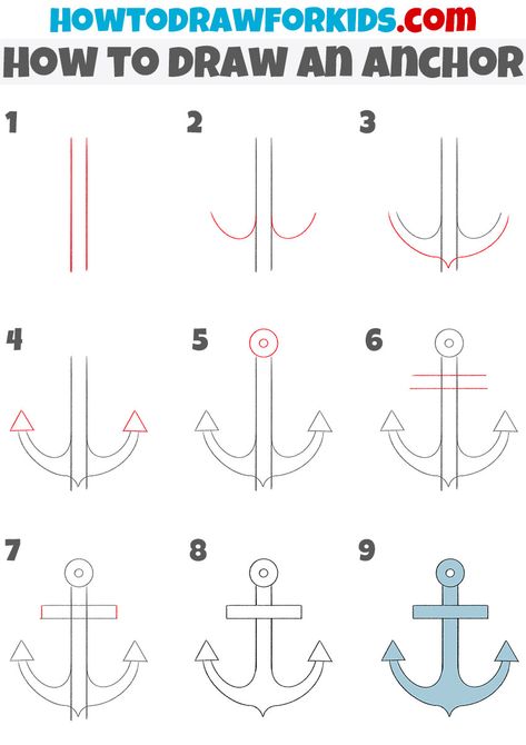 How To Draw An Anchor Step By Step, Easy Nautical Drawings, Anchor Drawing Easy, Simple Sail Boat Drawing, How To Draw An Anchor, How To Draw A Wave Step By Step, Anchor Drawing Simple, Anchor Doodle, Anchor Sketch