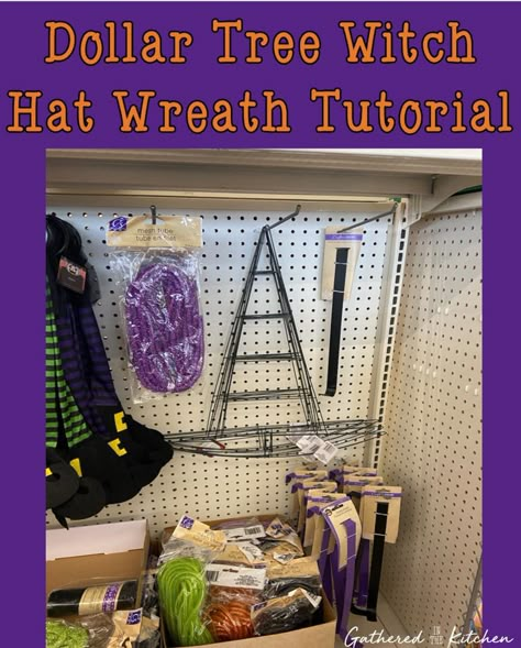 Witch Hat Wreath Tutorial, Dollar Tree Witch Hat Wreath, Witch Hat Door Wreath, Dollar Tree Witch Hat, Halloween Witches Hat, Halloween Witch Hat Wreath, Witch Hat Wreath, Mesh Crafts, Halloween Witch Wreath