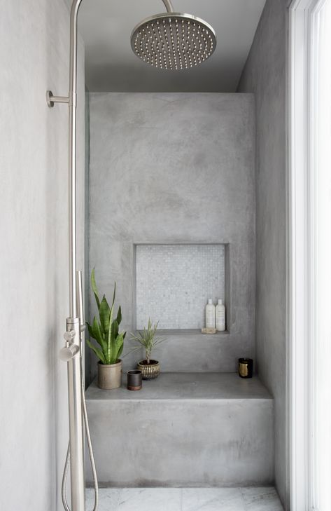 Brushed nickel shower trim, concrete shower bench Concrete Shower, Niche Decor, Earthy Modern, Smooth Concrete, Southern Grace, Modern Farmhouse Dining, Marble Showers, Wall Niche, Wall Exterior