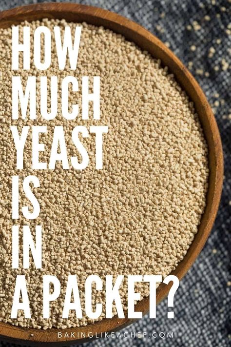 Wondering how much dry yeast is in a packet? One envelope or sachet contains 7 g of yeast. Learn types of yeast, how yeast works, how to measure and store it. Also, enjoy the yeast conversion chart and find out how to replace dry yeast with fresh cake yeast and vice versa. | www.bakinglikeachef.com Grams To Cups, Cups To Grams, Yeast Cake, Baking Conversion Chart, Measurement Conversion Chart, Yeast Packet, Cooking In The Classroom, Cooking Conversions, Baking Conversions