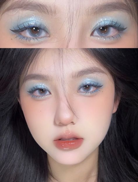 Teal Douyin Makeup, Blue Doyun Makeup, Light Blue Douyin Makeup, Cinnamoroll Makeup Look, Cyan Makeup, Blue Winter Makeup, Elsa Makeup Look, Frozen Makeup Look, Blue Douyin Makeup