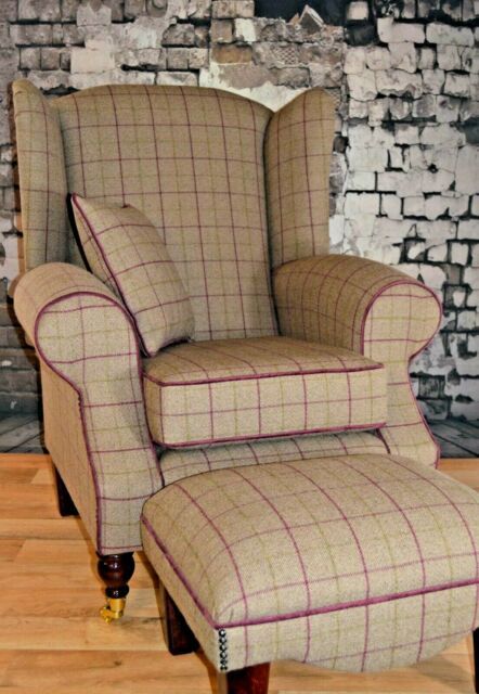 Wing Back Fireside Cottage Armchair - Bamburgh Brown Check Footstool + Cushion | eBay Diy Furniture Chair, Fireside Chairs, Blue Tartan, Chairs For Sale, Queen Anne, Grey Fabric, Upholstered Chairs, Living Room Chairs, Furniture Chair