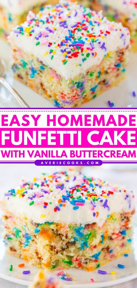 Simple Homemade Funfetti Cake Recipe - Averie Cooks Homemade Funfetti Cake, Funfetti Cake Recipe, Sprinkle Cookies Recipe, Cake Funfetti, Funfetti Frosting, Cake Recipes For Beginners, Funfetti Cake Mix, Averie Cooks, Homemade Birthday Cakes