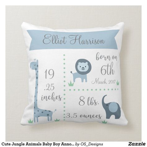 Cute Jungle Animals, Theme Jungle, Boy Announcement, Baby Pillow Case, It's A Boy Announcement, Its A Girl Announcement, Baby Birth Stats, Nursery Pillow