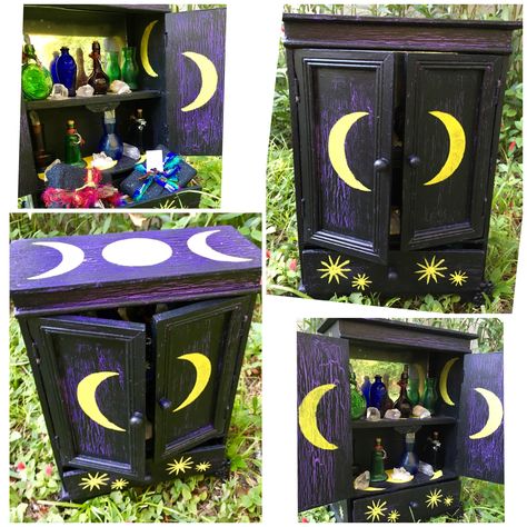 Upcycled jewelry boxes make great witchy cabinets!! Belladonna Apothecary original Witchy Upcycle, Witch Boxes Painted, Witchy Jewelry Box Diy, Witchy Cabinets, Upcycled Jewelry Box Diy, Witchy Cabinet, Witches Cabinet, Upcycle Jewelry Box, Witchy Diy