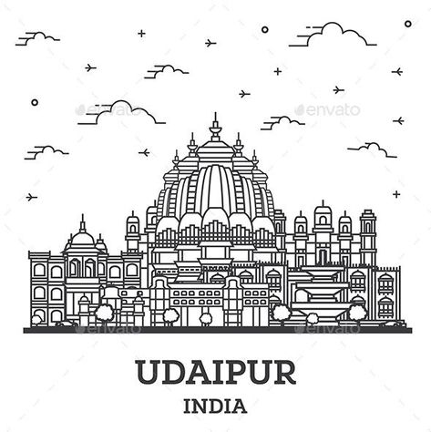 Outline Udaipur India City Skyline with Historical Buildings Isolated on White. Udaipur Illustration, Udaipur India, Historical Buildings, Diy Journal, Udaipur, Diy Embroidery, Historic Buildings, City Skyline, White White