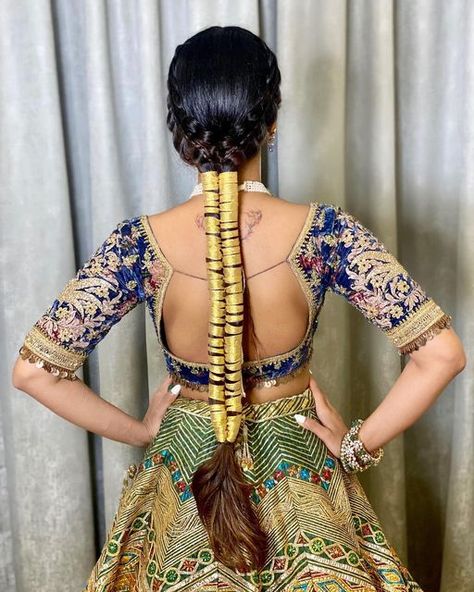 Ritika Kadam | Hair Artist on Instagram: "This season is all about embracing braids, hair length and experimenting with elements like golden ribbons to bring out a truly unique style ✨ Can’t wait to show you the whole look. Stay Tuned. Hair : @ritikahairstylist Outfit : @marwarcouture Makeup : @anuja_kalokhe Beauty : @vinnymiranda007 #Bride #Brides #Braid #Braided #LongBraid #Ribbon #RibbonHairStyle #Ribbons #Love #GoldenBraid" Simple Bridal Hairstyles, Bridal Hair Jewellery, Simple Bridal Hairstyle, Mehndi Hairstyles, Bridal Trends, Long Hairdos, Engagement Hairstyles, Bridal Braids, Bridal Hairdo