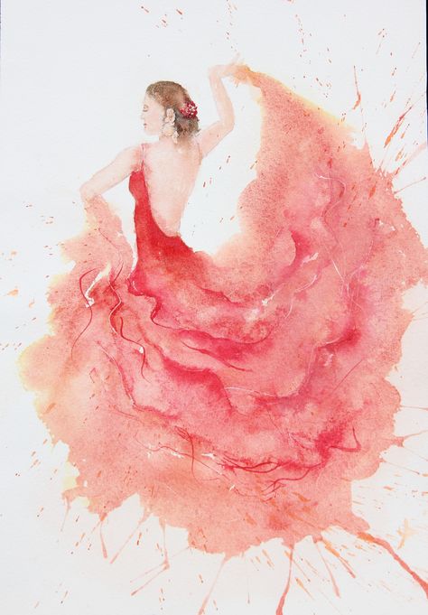 Watercolor Female Silhouette, Dance Paintings Easy, Flamenco Drawing, Abstract Dancer Painting, Watercolour Dress, Dance Watercolor, Ballerina Art Paintings, Dancer Painting, Learn Watercolor Painting