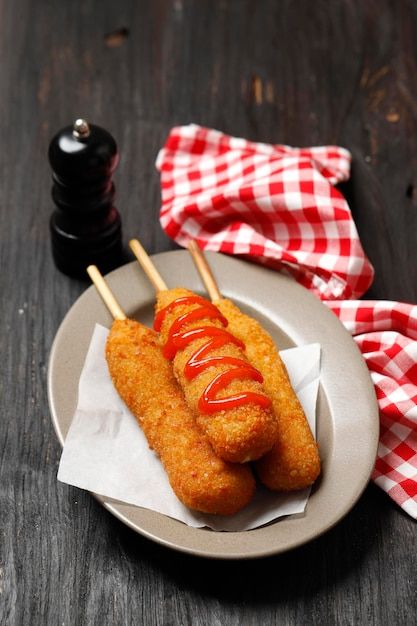 Corn dog is a sausage on a stick with mo... | Premium Photo #Freepik #photo #hot-dog #cheese-stick #fried-food #crispy Corndog Coklat, Corndog Sosis, Corn Dog Recipe, Sausage On A Stick, Desi Snacks, Snacks Homemade, Homemade Corndogs, Corndog Recipe, Cheese Stick