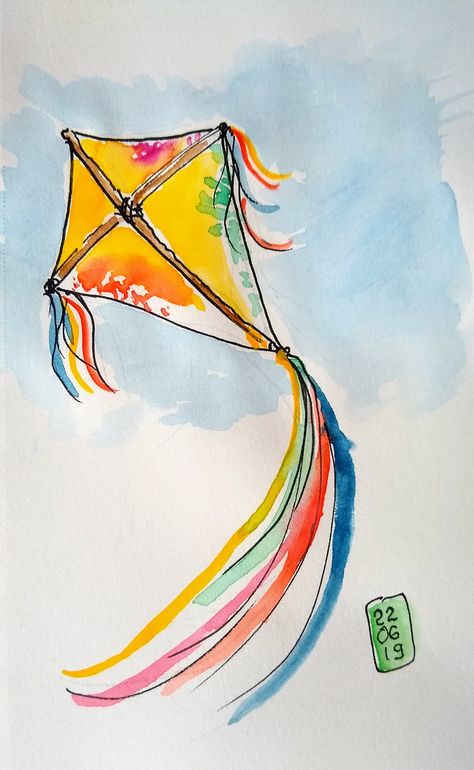 Kite Tattoo, Fly Drawing, Dibujos Toy Story, Kite Designs, Go Fly A Kite, Watercolor Architecture, Watercolor Paintings For Beginners, Kite Flying, Happy Paintings