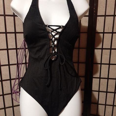 One Piece Bathing Suit With Tie Front Nwt Gothic Swimsuit Bikinis, Aestethic Bikinis Goth, Emo Swimwear, Alt Swimsuit, Goth Bathing Suit, Gothic Swimwear, Goth Swimsuit, One Peice Bathing Suits, Hero Outfits