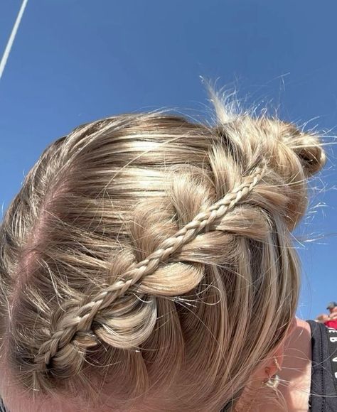 Two Dutch Braids Into One Braid, 2 Braid Bun Hairstyles, Sporty Bun Hairstyles, Sports Updos, Two Braids Into Two Buns, Braid Into Bun Hairstyles, Braided Hairstyles Dutch Braid, Braid And Bun Hairstyles, Hairstyles For Game Day