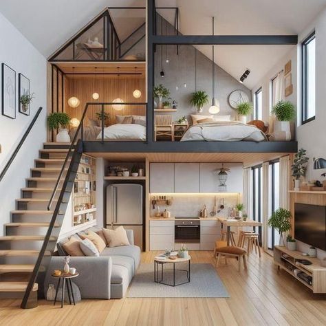 This cozy loft apartment has an open and efficient layout. The upstairs sleeping area, kitchen, and ample storage create a functional living space with natural wood tones and modern touches. Mezzanine House Design, Loft Layout, Loft Style Living, Loft House Design, Tiny House Interior Design, Tiny House Loft, Best Tiny House, Tiny House Inspiration, Small Loft