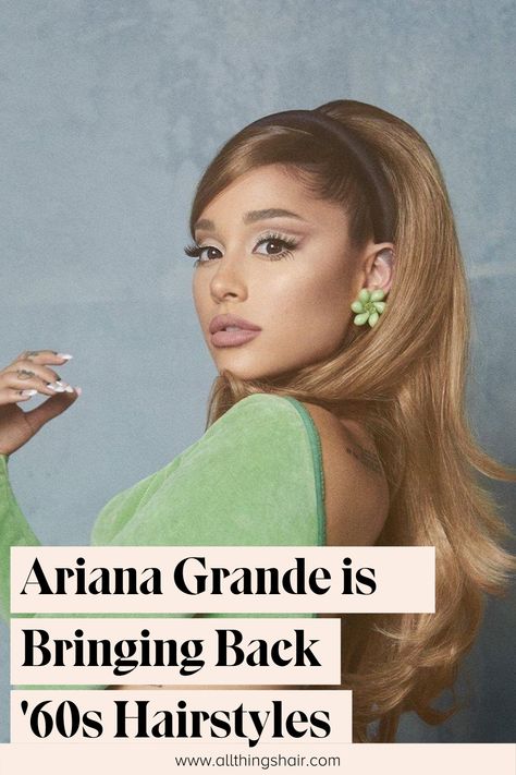 Ariana Grande 60s Hair, 60s Hair Half Up Half Down, Big Earings Hairstyle Long Hair, 60s Inspired Hairstyles, Groovy Hairstyles 70s, 1960s Womens Hair, Gogo Hairstyles, Mod Hairstyles Women, 60s Long Hairstyles