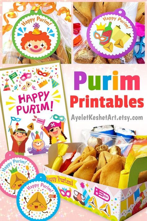 Colorful printables for Purim: gift tags, printable box for mishloach manot, printable greeting cards, candy bar wrappers for Purim party favors. #Ayelet_Keshet #purim #purim2019 #printables #gifttags ---- עיצובים להדפסה לפורים 2019 Purim Mishloach Manot, Purim Basket, Purim Crafts, Mishloach Manos, Purim Party, Purim Gifts, Mishloach Manot, Happy Purim, Hebrew School