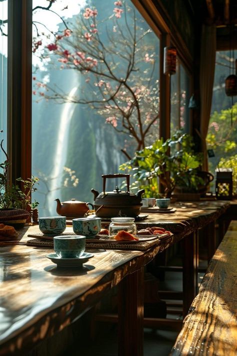 Traditional Japanese-Style Tea Rooms with a View of the Waterfalls Traditional Asian Aesthetic, Asian Tea Room, Teahouse Aesthetic, Japanese Tea Aesthetic, Tea House Aesthetic, Japanese Window Design, Teahouse Design, Tea Room Aesthetic, Tea House Japan