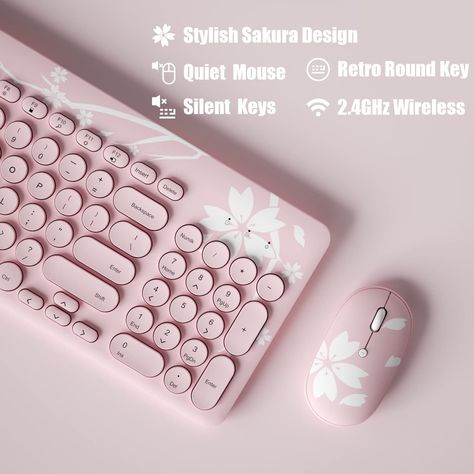 Wireless Connectivity🌸 1-Unify USB receiver for 2.4GHz wireless connection up to 26 feet/8 meters. NOTE: ONE USB Receiver for both the keyboard and mouse to work as a combo/separately, saving your device’s USB ports; No driver needed, USB-A plug-and-play Sakura Pink Cherry Blossoms Combo🌸 Mytrix Japanese cherry theme wireless keyboard and mouse combo; Wide compatibility, fits with Windows 7, 8, 10, 11 systems or Mac OS (need an A to C converter); Work perfectly for PC, Laptop, Desktop, Smart T Wireless Keyboard And Mouse Aesthetic, Wireless Gaming Keyboard, Wireless Mouse Aesthetic, Cool Keyboards, Sakura Theme, Fancy Keyboard, Cherry Theme, Unique Keyboards, Retro Type