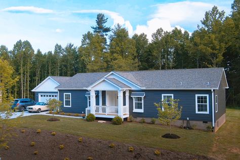 Clayton Unveils Ten New CrossMod™ Floor Plans for Home Buyers Ranch Style Modular Homes, Modular Home With Garage, Blue Mobile Home Exterior, Clayton Homes Modular Farmhouse, Modular Home Porch Ideas, Clayton Homes Modular, Modular Makeover, Modular Home Exterior, Manufactured Home Porch Ideas